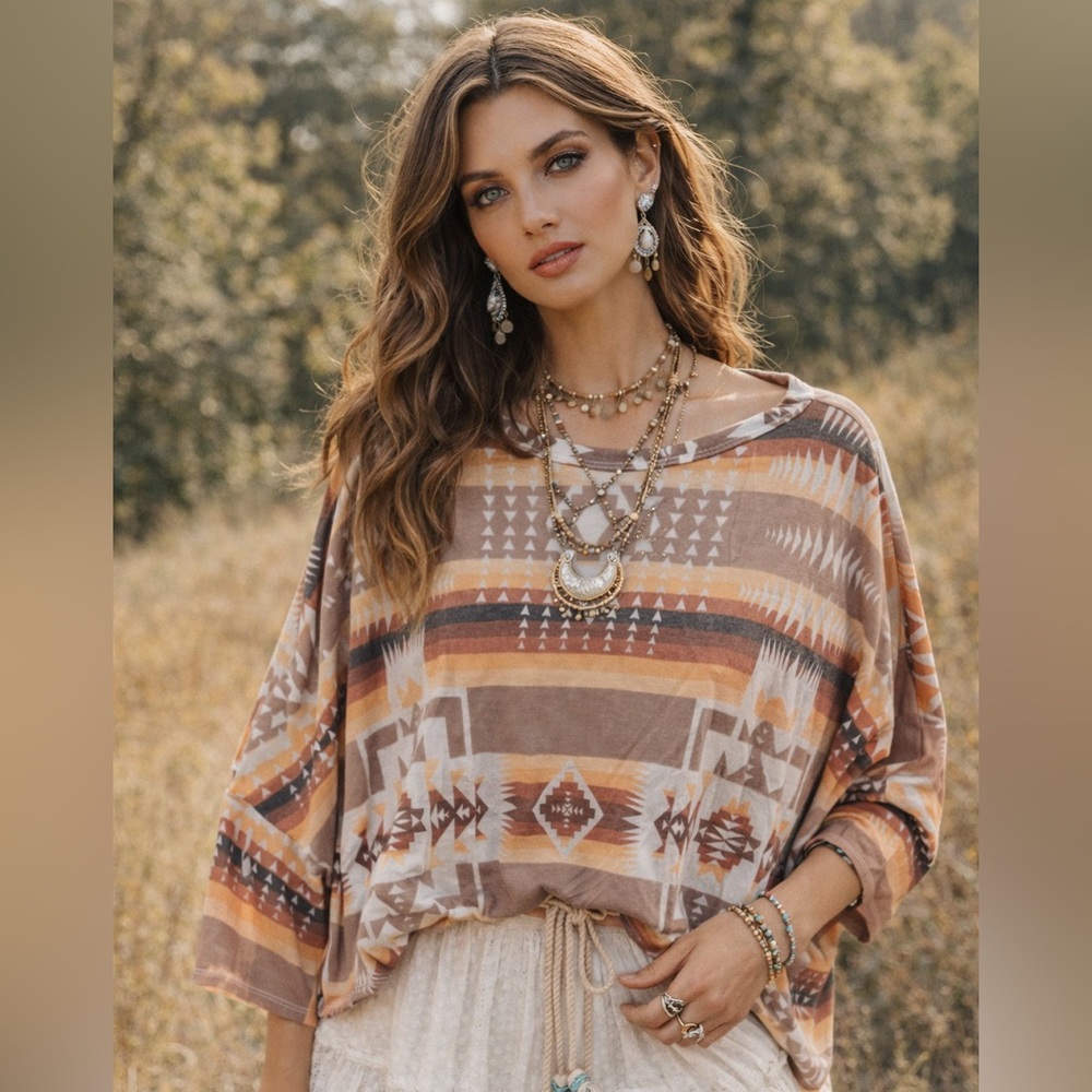 Boho Aztec Print Dolman Sleeve Top - Brown Multi NWT